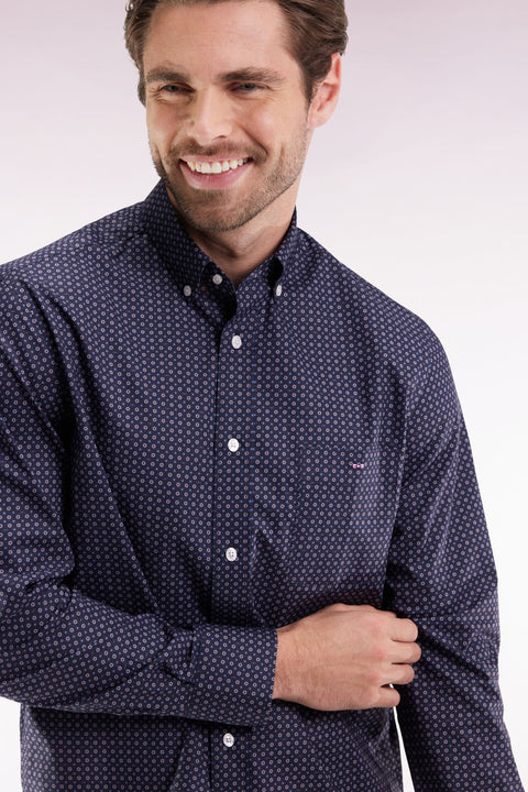 Straight-cut cotton shirt with navy micropatterns - Image 1