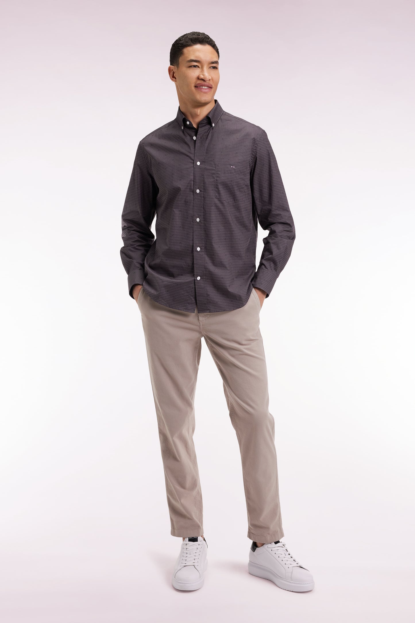Brown Pima cotton shirt with micro-patterns, straight cut