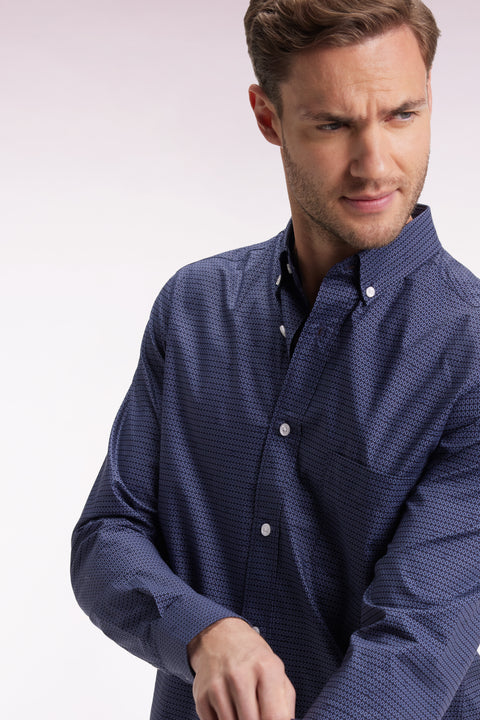 Slim-fit navy Pima cotton shirt with micro-patterns - Image 1