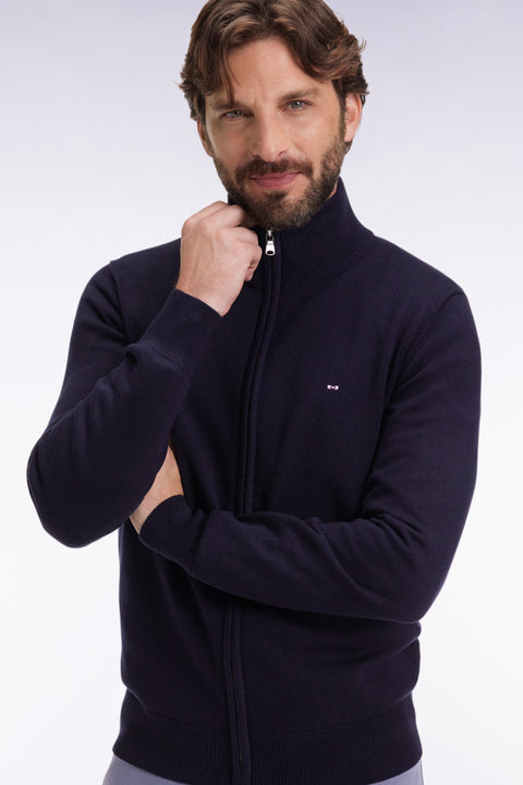 Zipped cardigan in wool and navy cotton, straight cut - Image 1