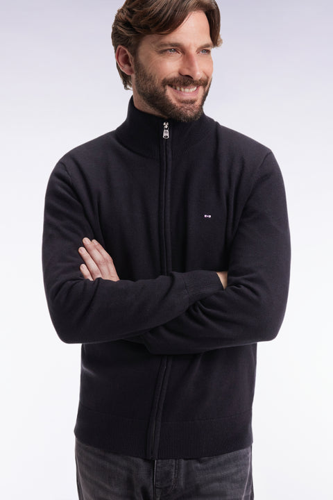 Zipped cardigan in black wool and cotton, straight cut - Image 1