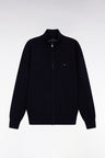 Zipped cardigan in wool and navy cotton, straight cut