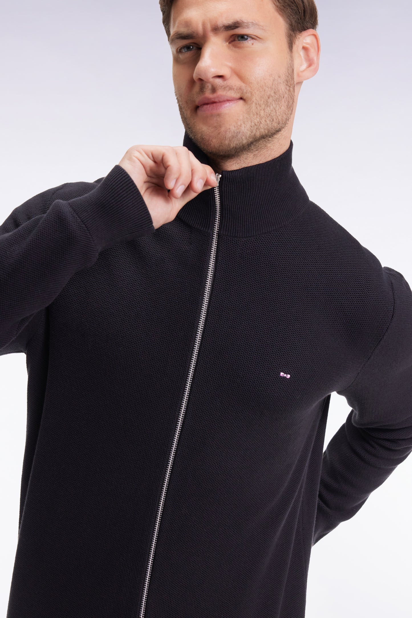 Black honeycomb cotton cardigan, straight cut