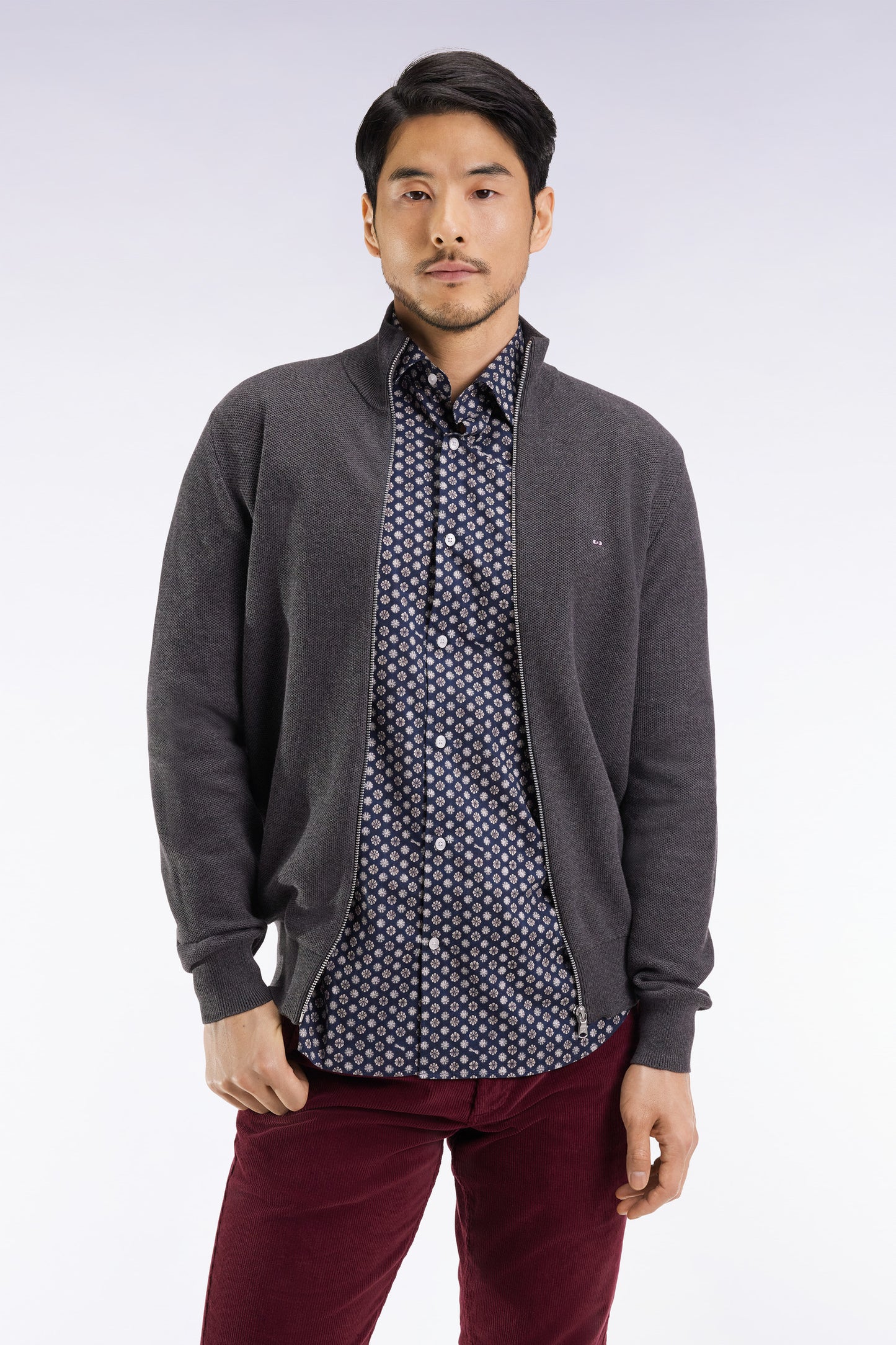 Grey honeycomb cotton cardigan, straight cut