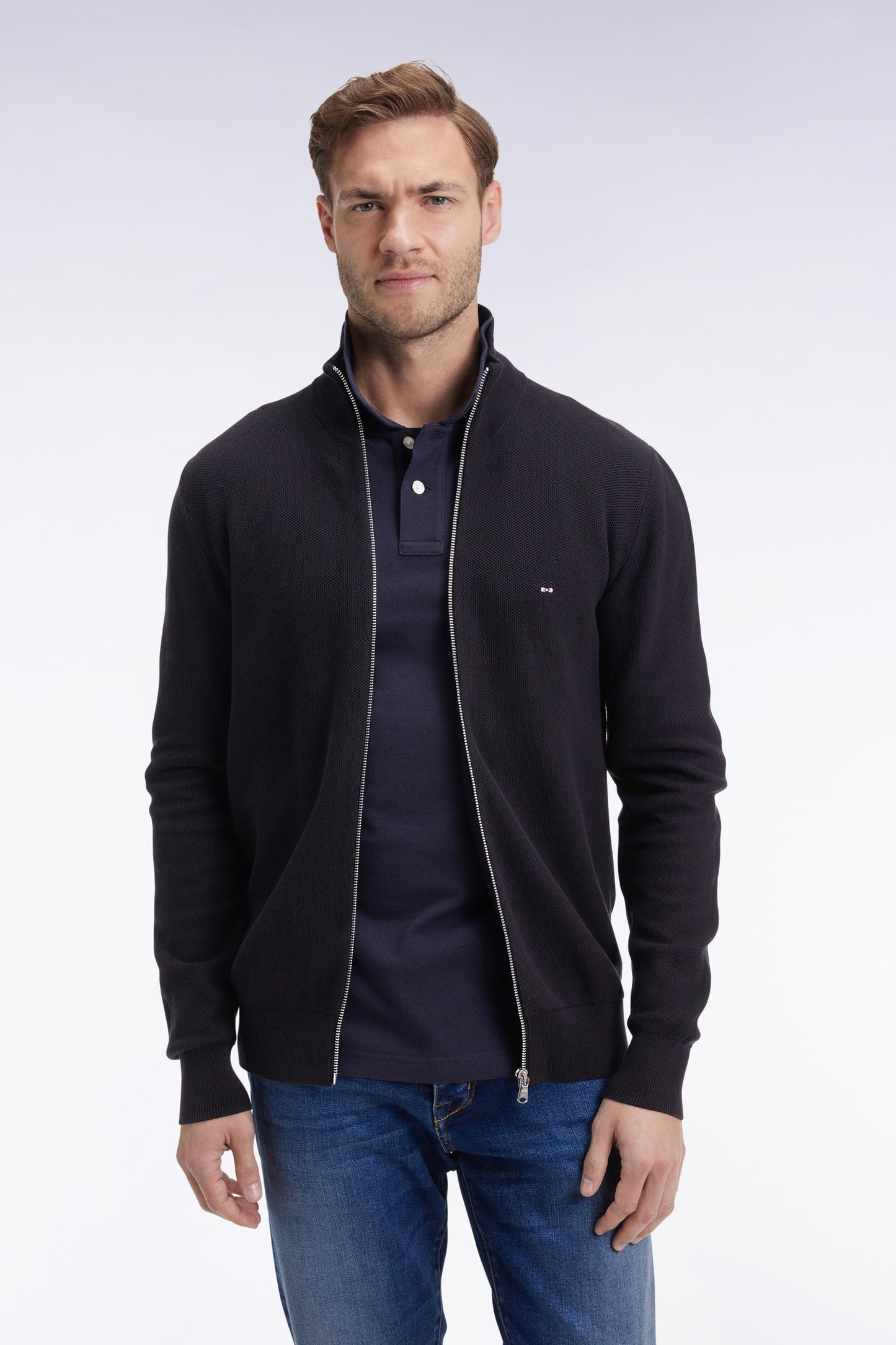 Black honeycomb cotton cardigan, straight cut