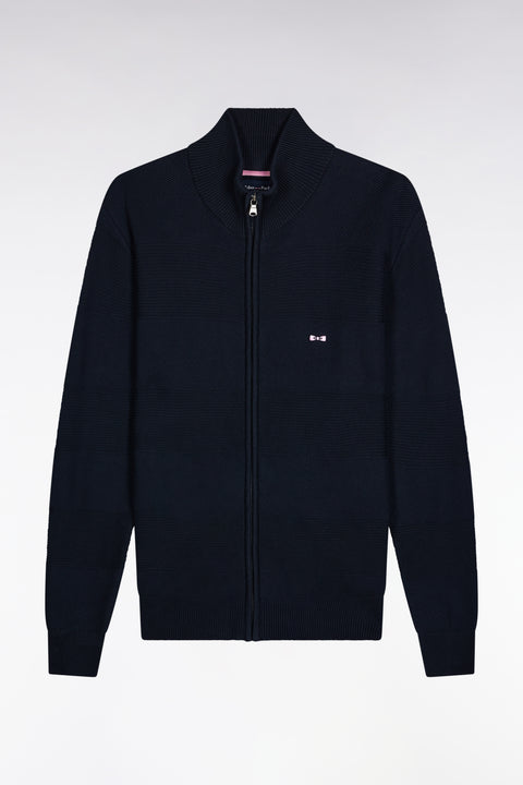 Navy honeycomb cotton zipped cardigan, straight cut - Image 2
