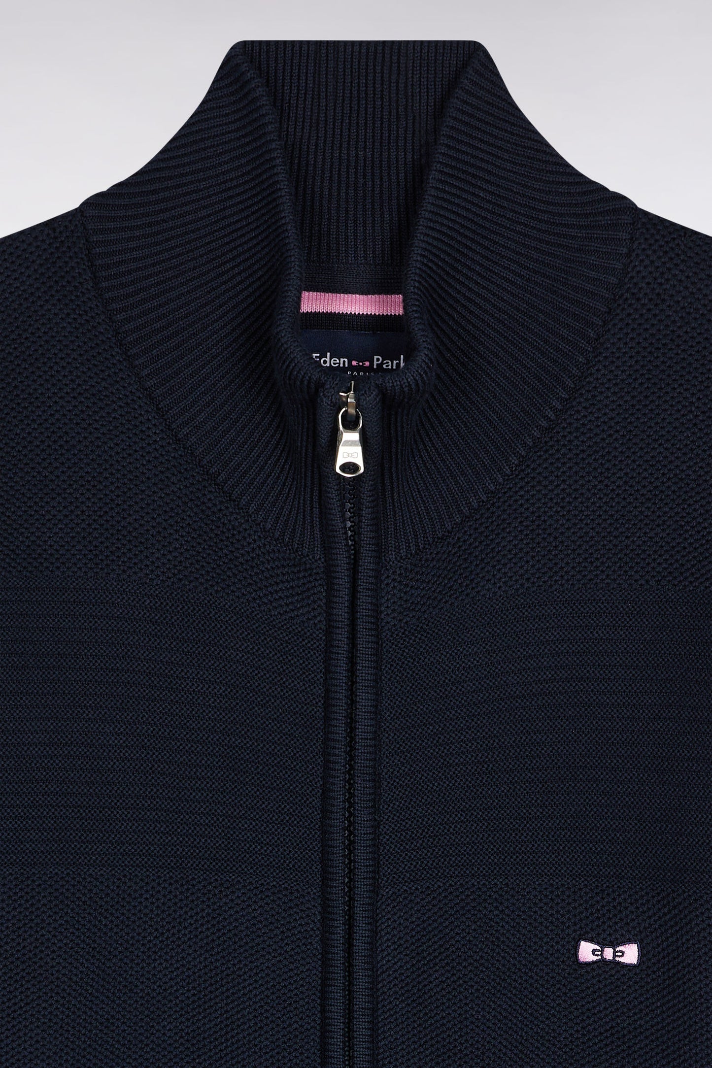 Navy honeycomb cotton zipped cardigan, straight cut