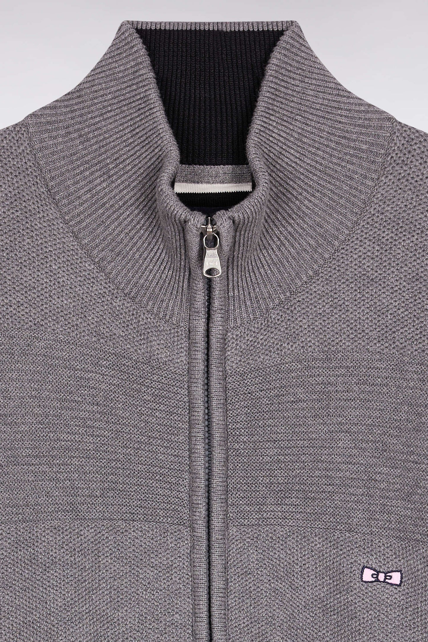 Grey cotton honeycomb zipped cardigan, straight cut