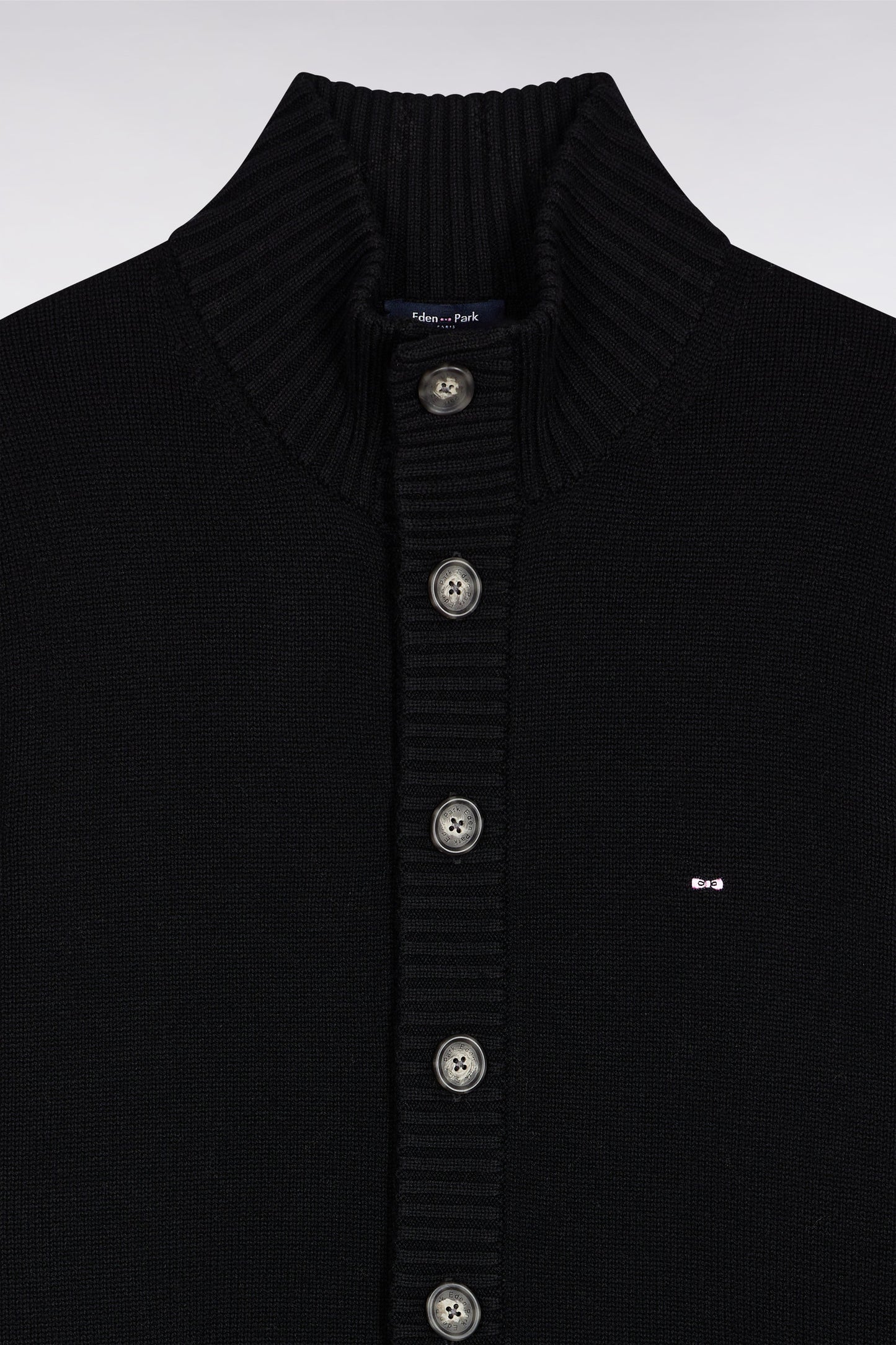 High-neck cardigan in black wool and cotton