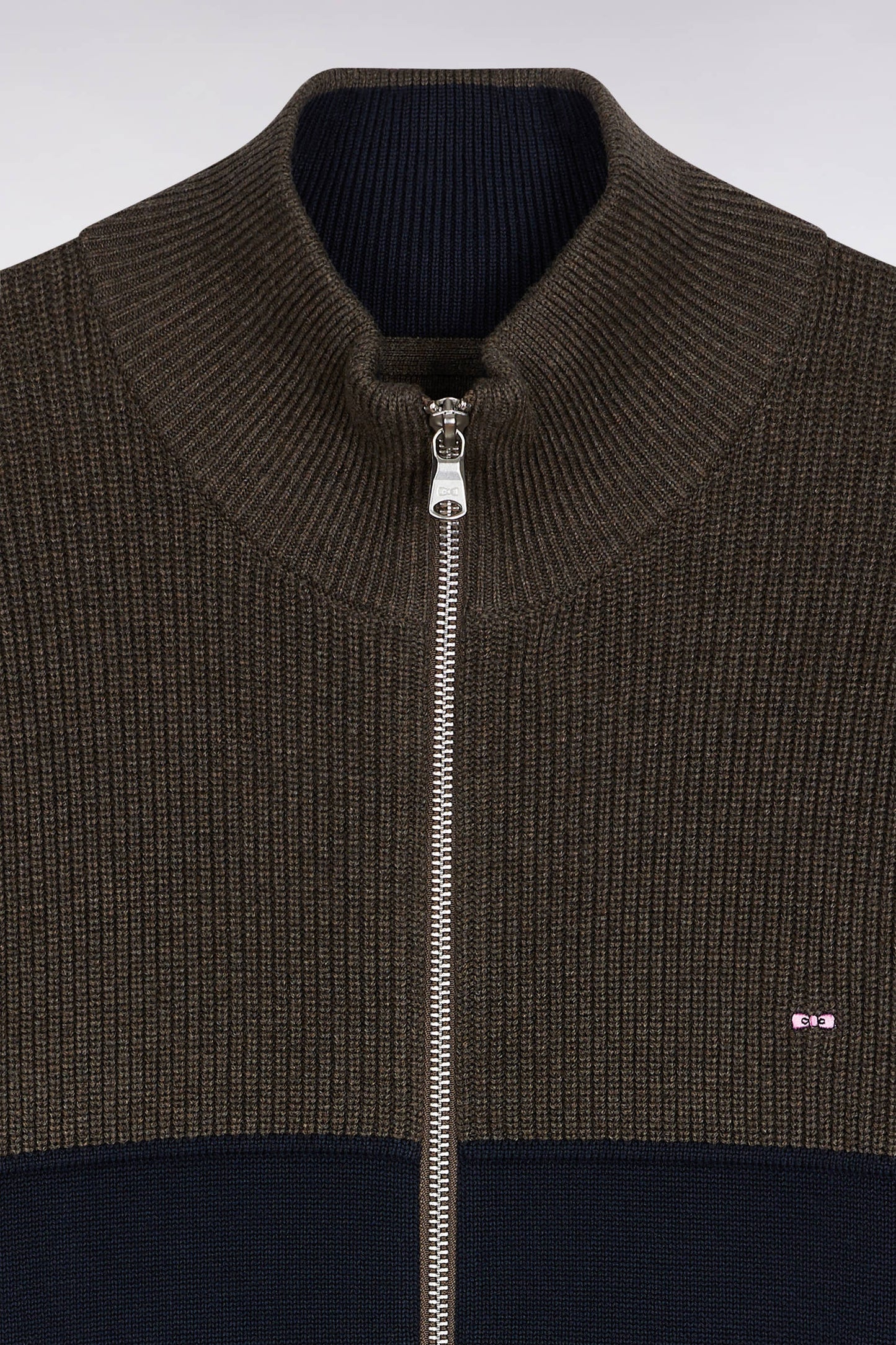 Zipped cardigan in two-tone navy and brown cotton, straight cut
