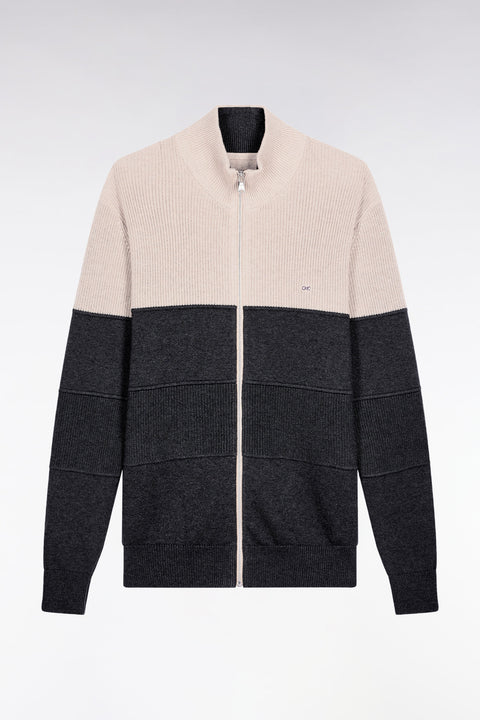 Zipped cardigan in two-tone beige and grey cotton, straight cut - Image 2