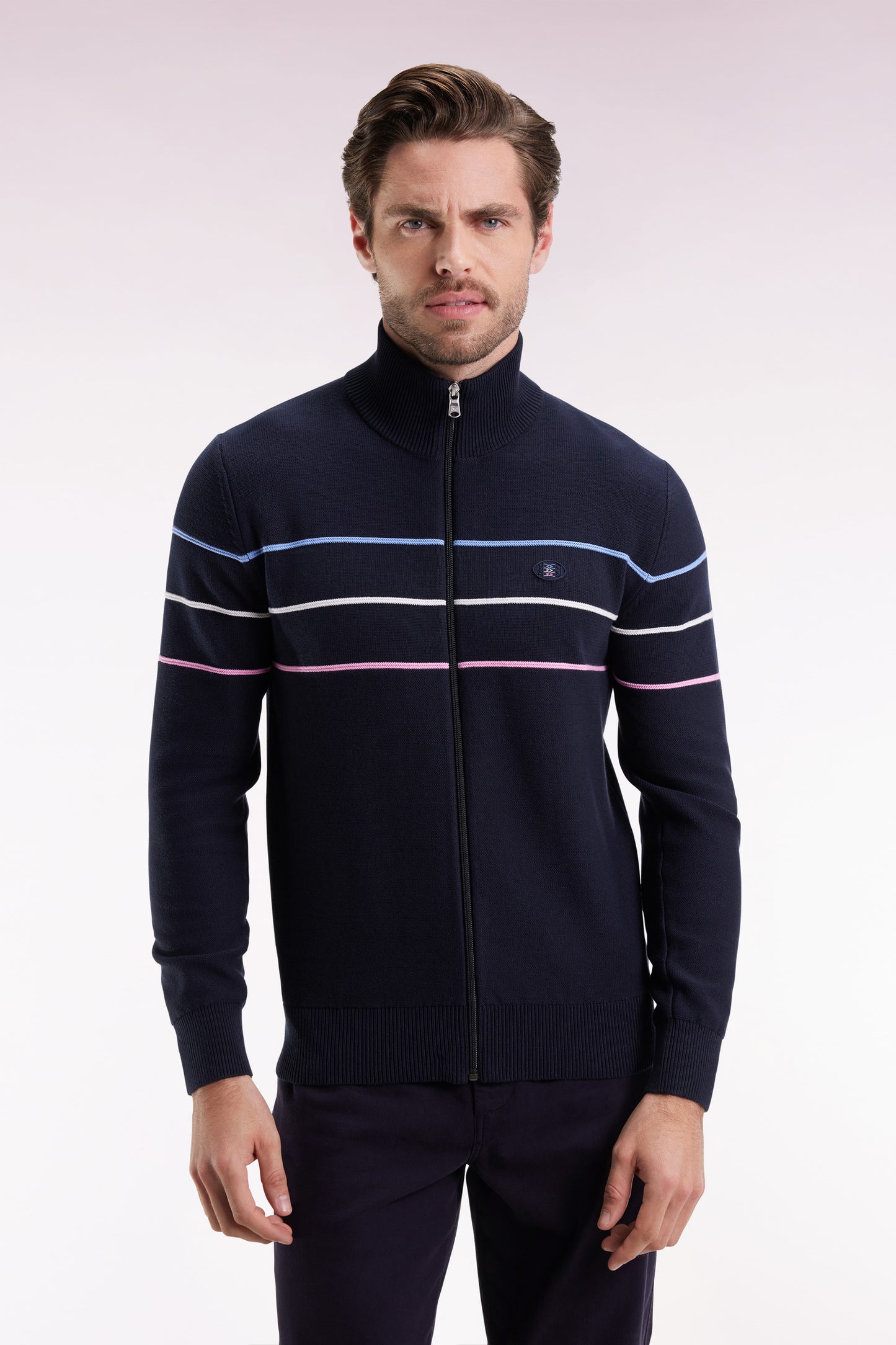 Navy cotton zipped cardigan with coloured piping, straight cut