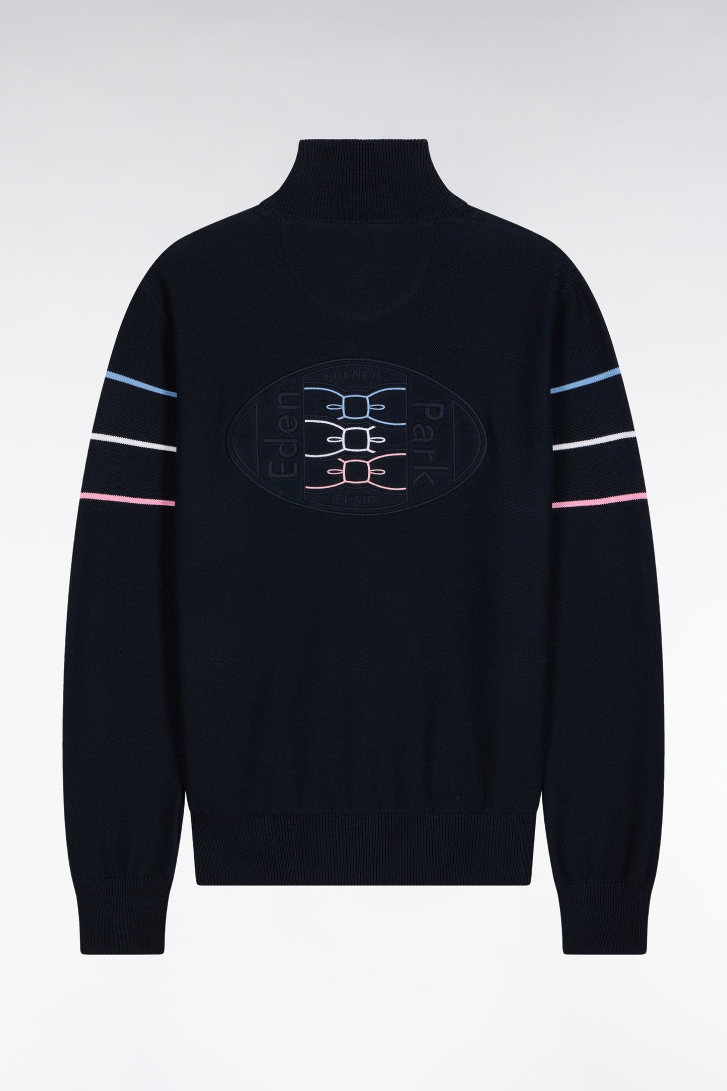 Navy cotton zipped cardigan with coloured piping, straight cut