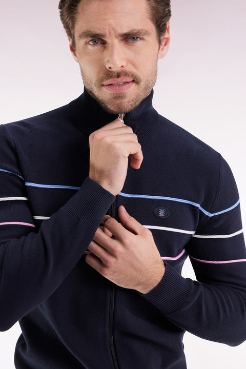 Navy cotton zipped cardigan with coloured piping, straight cut - Image 1