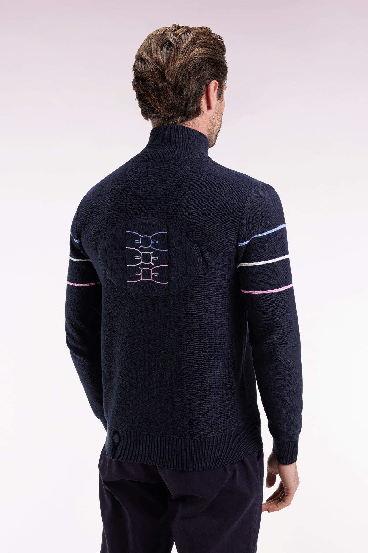 Navy cotton zipped cardigan with coloured piping, straight cut
