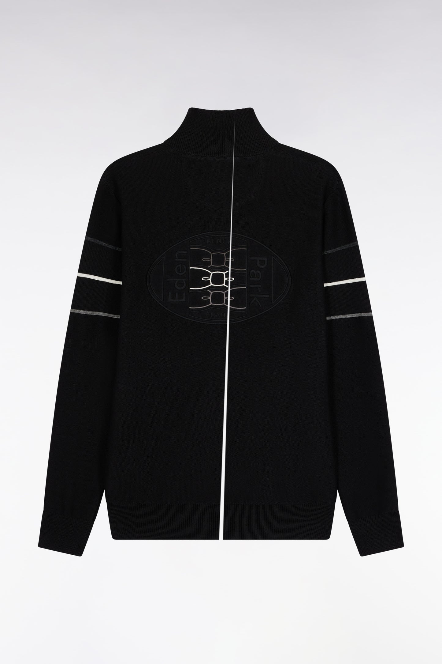Zipped cardigan in black cotton with coloured piping, straight cut