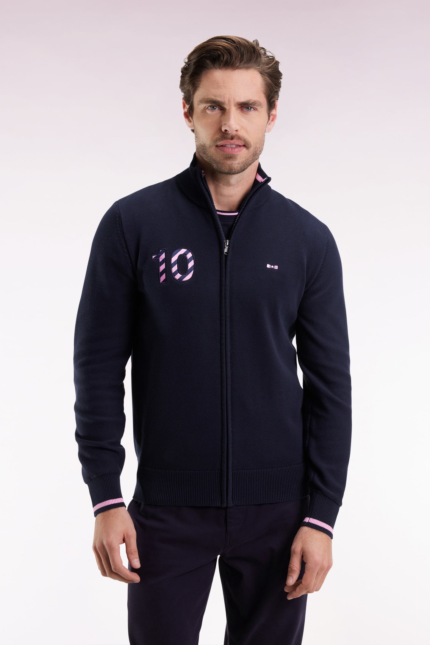 Navy cotton zipped cardigan embroidered 10 navy straight cut