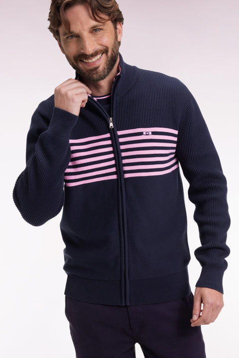 Zipped cardigan in navy cotton with pink stripes, straight cut - Image 1
