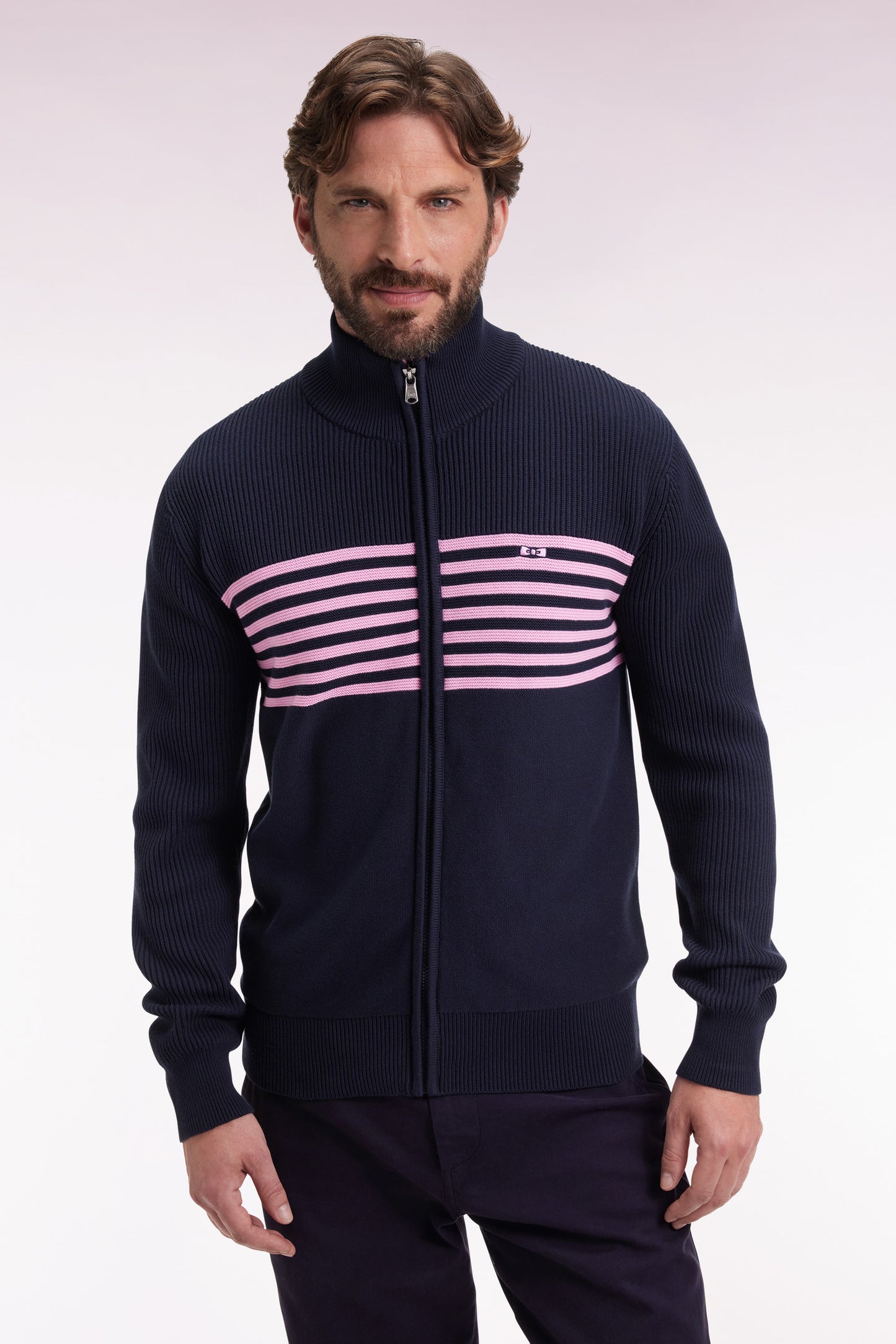 Zipped cardigan in navy cotton with pink stripes, straight cut