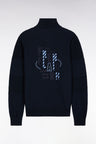Zipped cardigan in navy cotton with sky back embroidery
