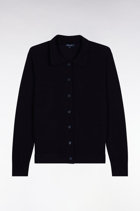 Cardigan with classic collar in straight-cut navy merino wool - Image 2