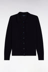 Cardigan with classic collar in straight-cut navy merino wool