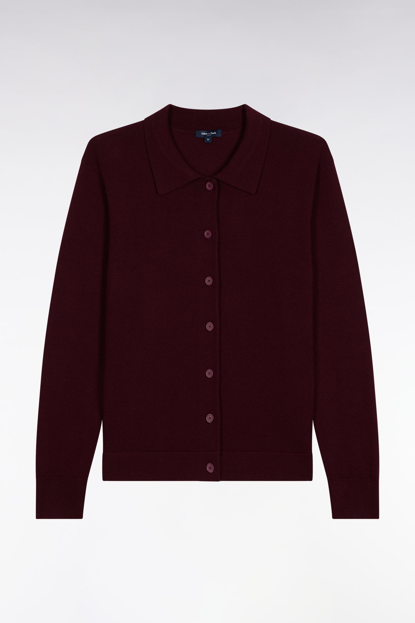 Cardigan à col classique en laine mérinos bordeaux coupe droite