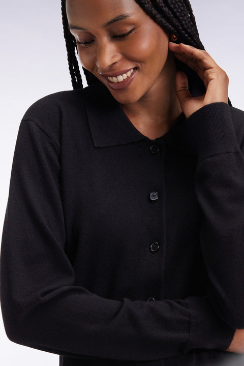Cardigan with classic collar in black straight-cut merino wool - Image 1