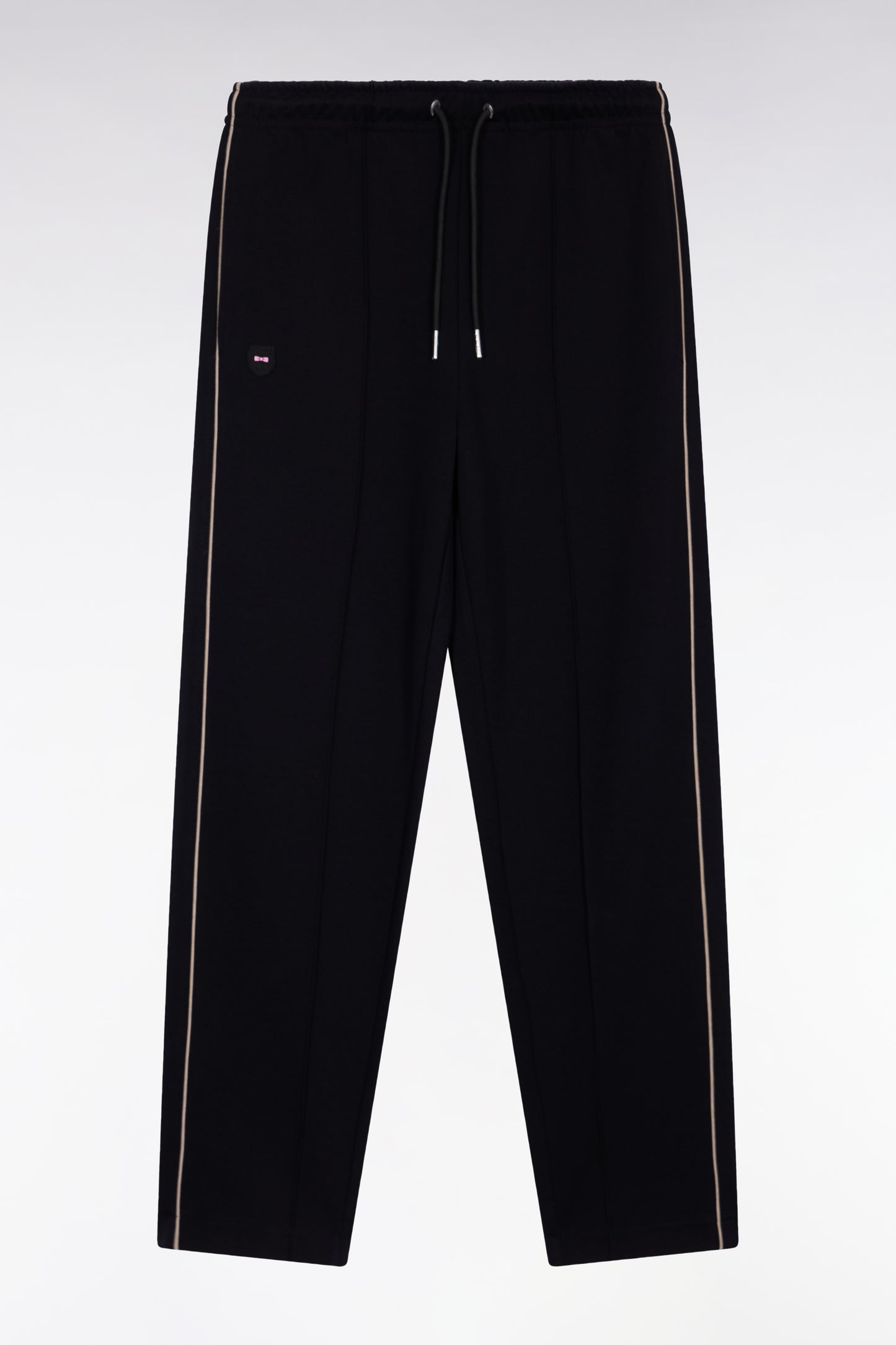 Black brushed fleece jogging suit with piping and front pleats, straight cut