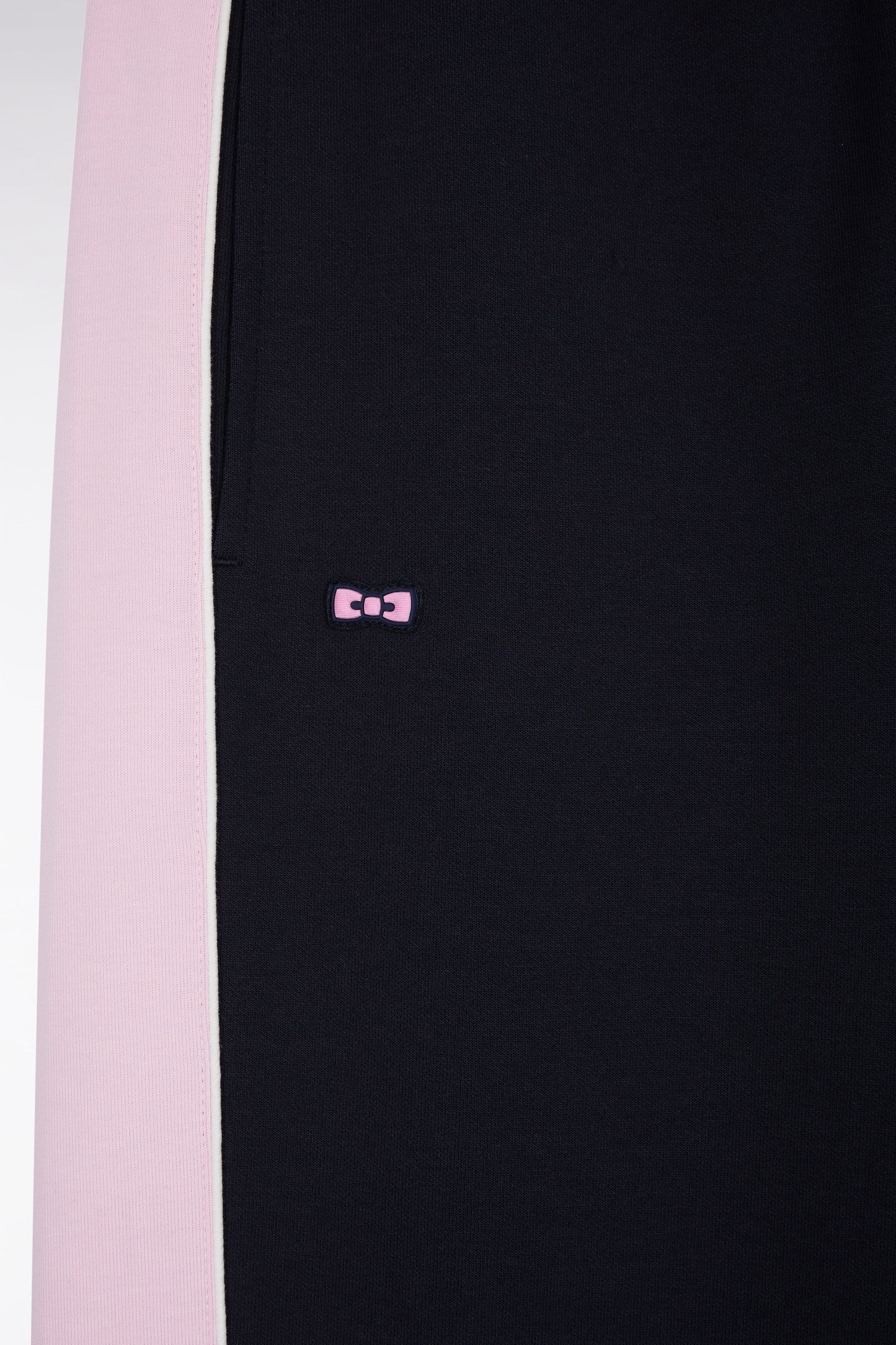 Navy brushed fleece jogging suit with pink stripes, straight cut