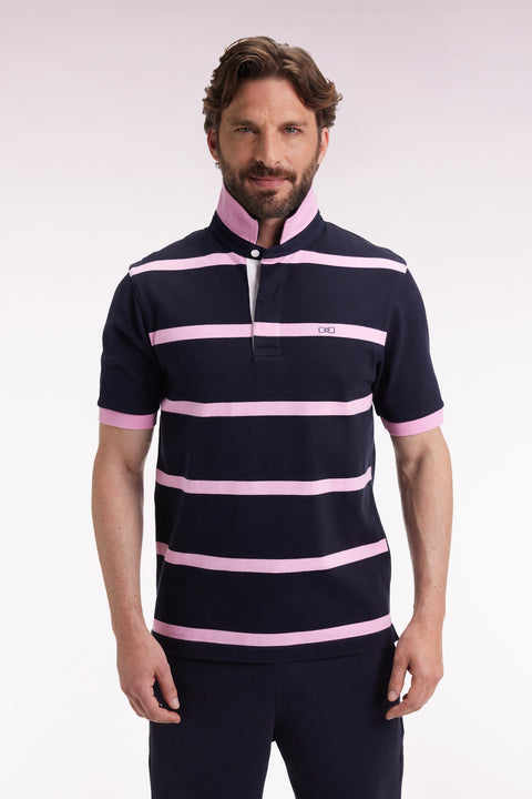 Short-sleeved jersey in navy cotton with pink stripes - Image 1
