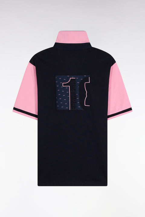 Short-sleeved jersey in navy cotton with pink sleeves - Image 2