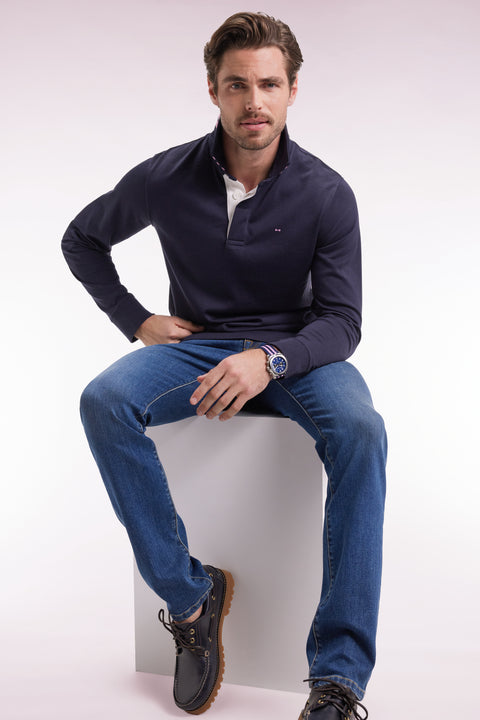 Long-sleeved navy jersey jersey with striped under collar - Image 1