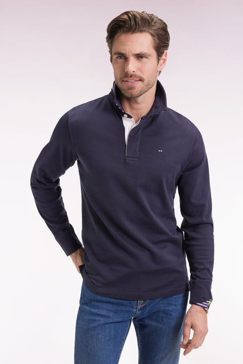 Long-sleeved navy jersey jersey with striped under collar - Image 3