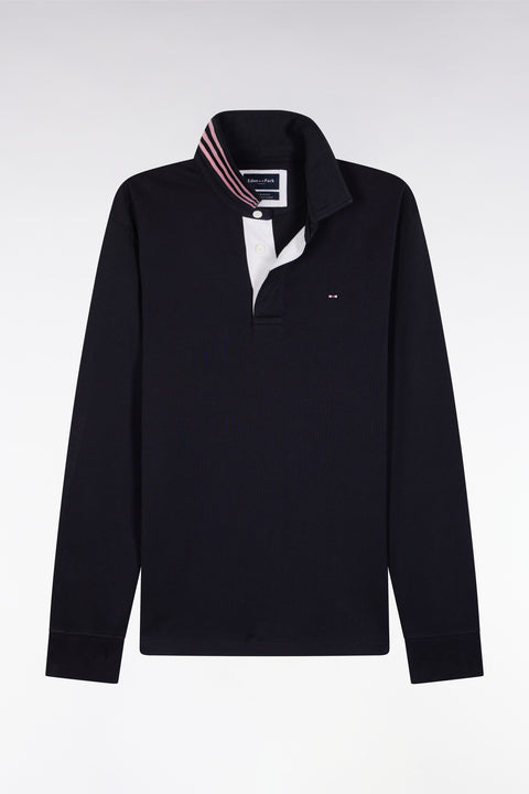Long-sleeved navy jersey jersey with striped under collar - Image 2