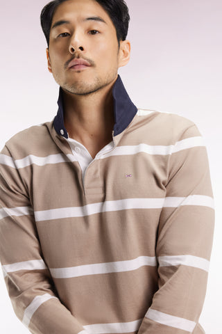 Long-sleeved jersey in beige cotton jersey with white stripes