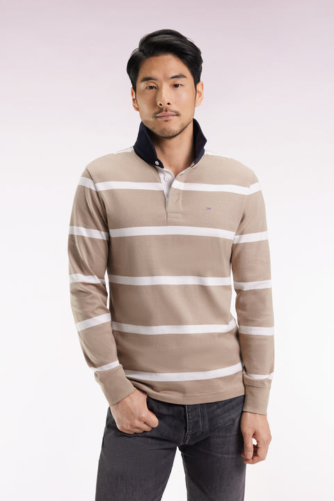 Long-sleeved jersey in beige cotton jersey with white stripes - Image 3