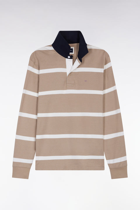 Long-sleeved jersey in beige cotton jersey with white stripes - Image 2