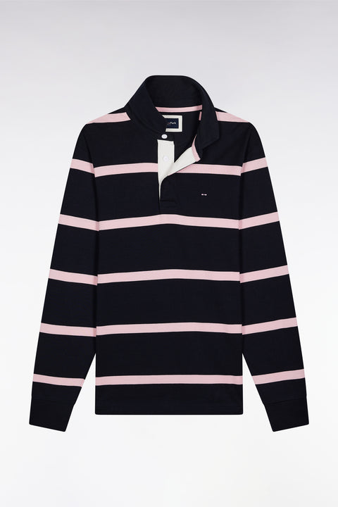 Long-sleeved jersey in navy cotton jersey with pink stripes - Image 2
