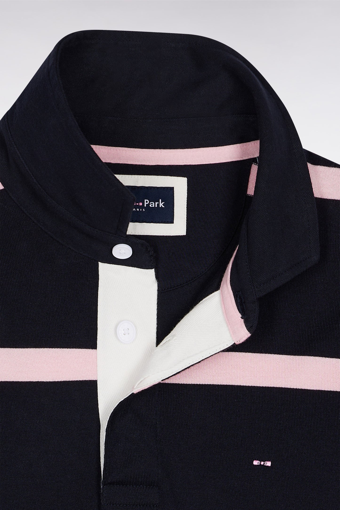Long-sleeved jersey in navy cotton jersey with pink stripes