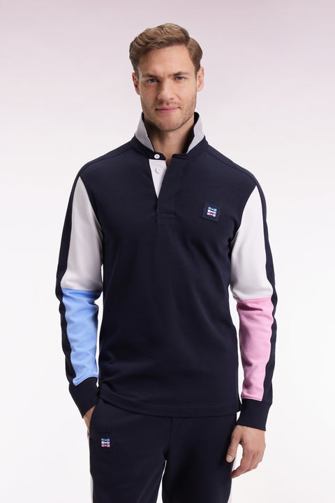 Long-sleeved jersey in thick navy cotton jersey with embroidered straight cut - Image 1