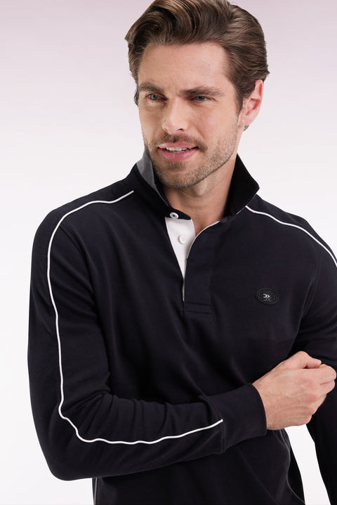 Long-sleeved jersey in thick black cotton with piping, straight cut - Image 1