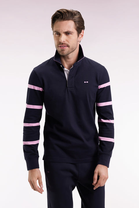 Long-sleeved jersey in thick navy jersey with striped straight-cut sleeves - Image 3