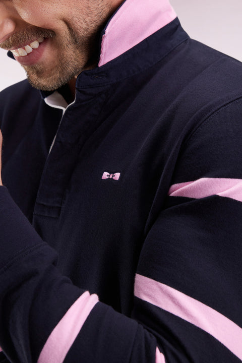 Long-sleeved jersey in thick navy jersey with striped straight-cut sleeves - Image 1