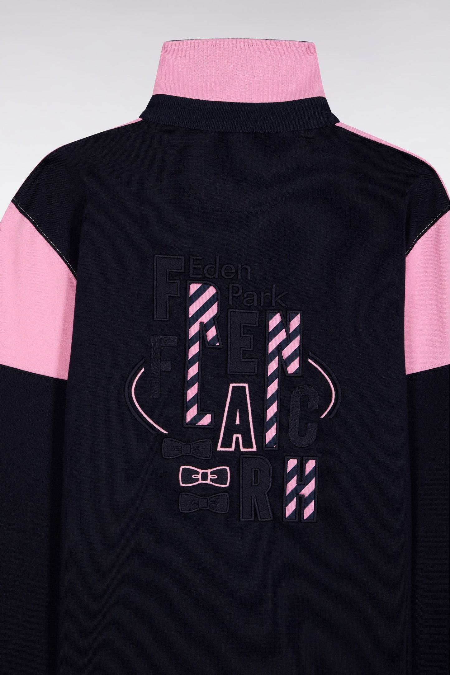 Long-sleeved jersey in two-tone navy and pink, straight cut