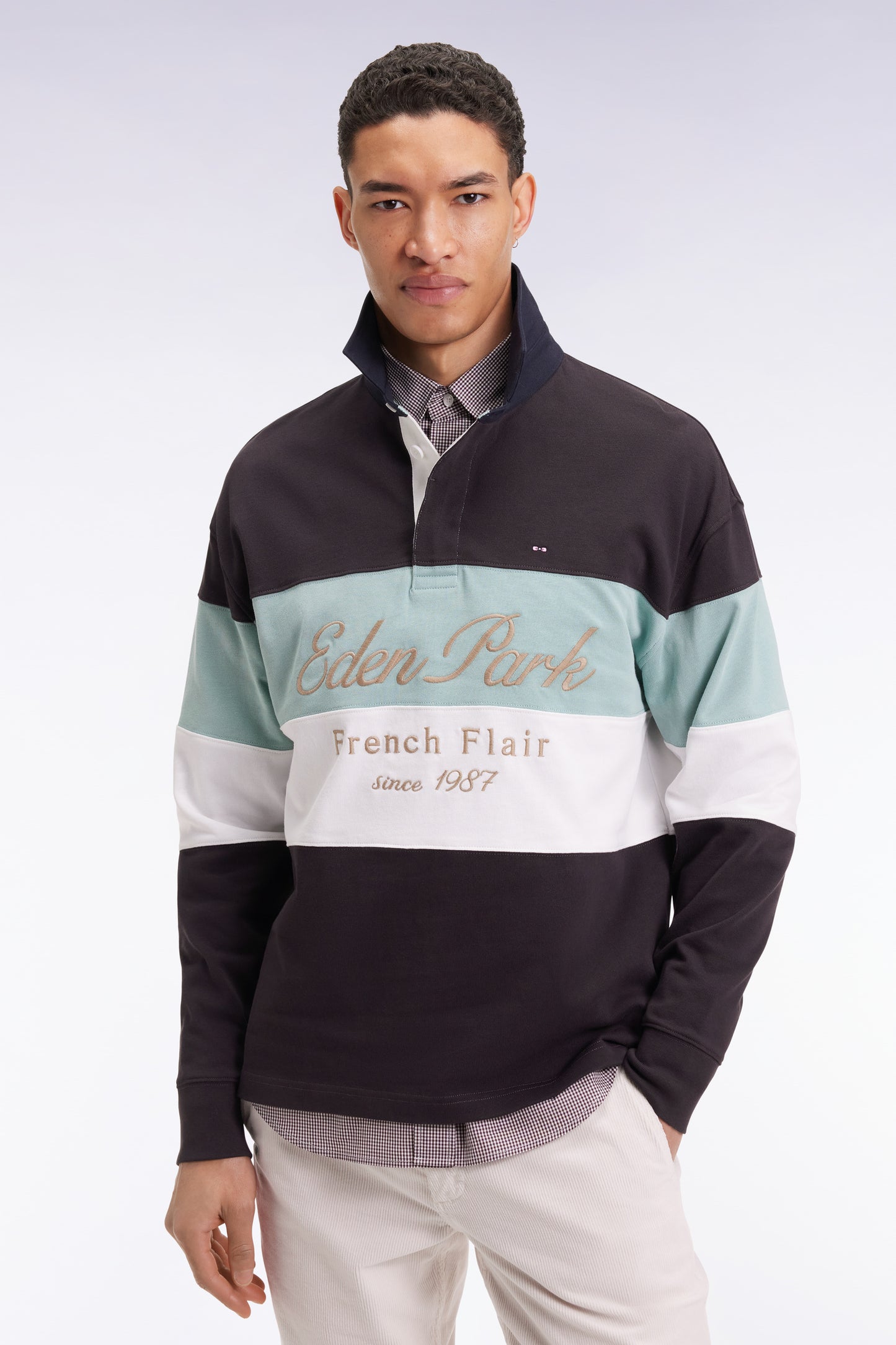 Long-sleeved jersey in thick black and green jersey with vintage embroidery