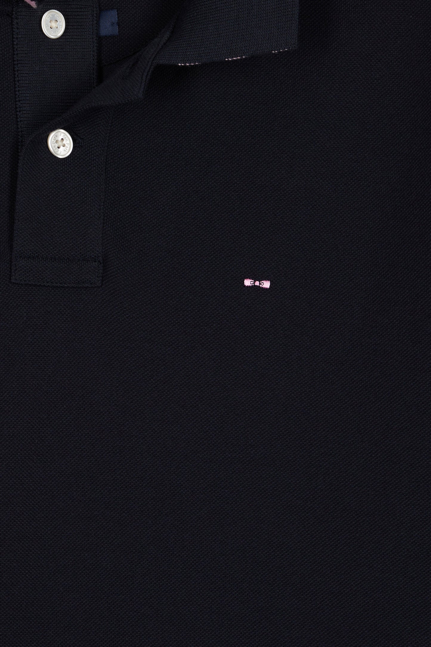 Short-sleeved polo shirt in navy Pima cotton with striped undercollar, straight cut