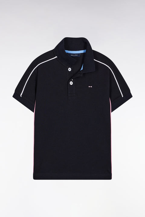 Short-sleeved polo shirt in navy cotton with white piping, straight cut - Image 1