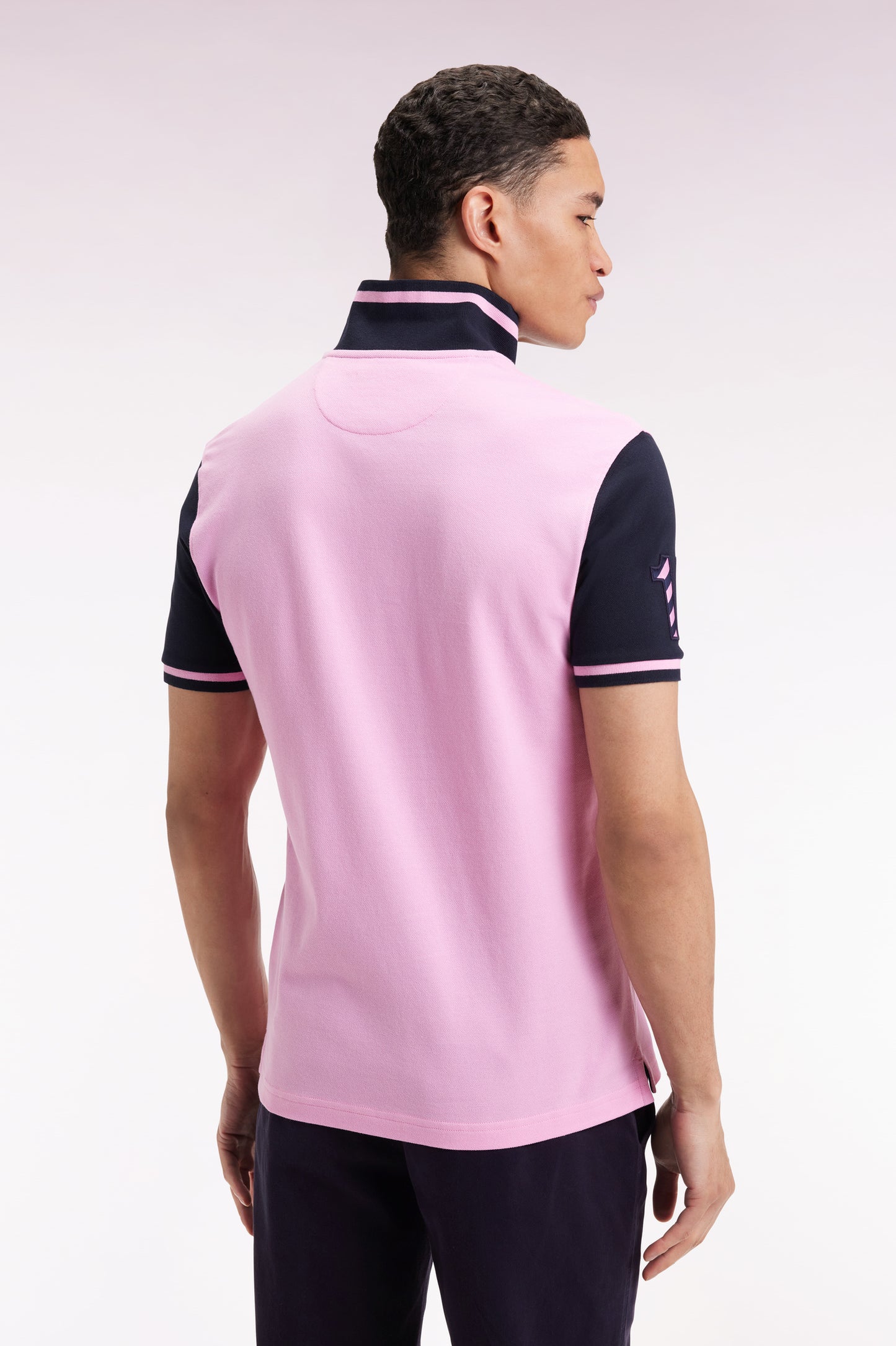 Two-tone short-sleeved polo shirt in pink cotton with 10" embroidery