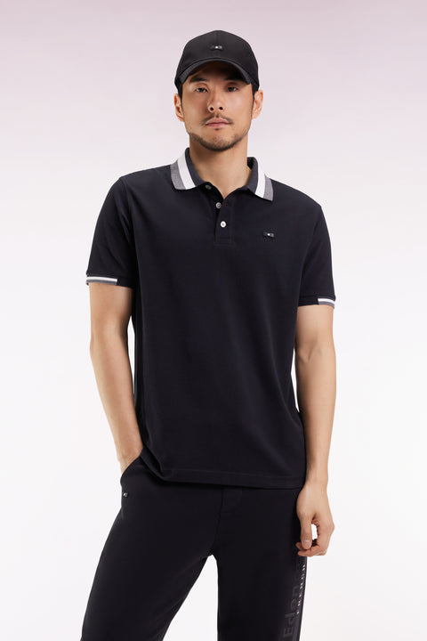 Short-sleeved polo shirt in black cotton with tricolored details, loose fit - Image 3